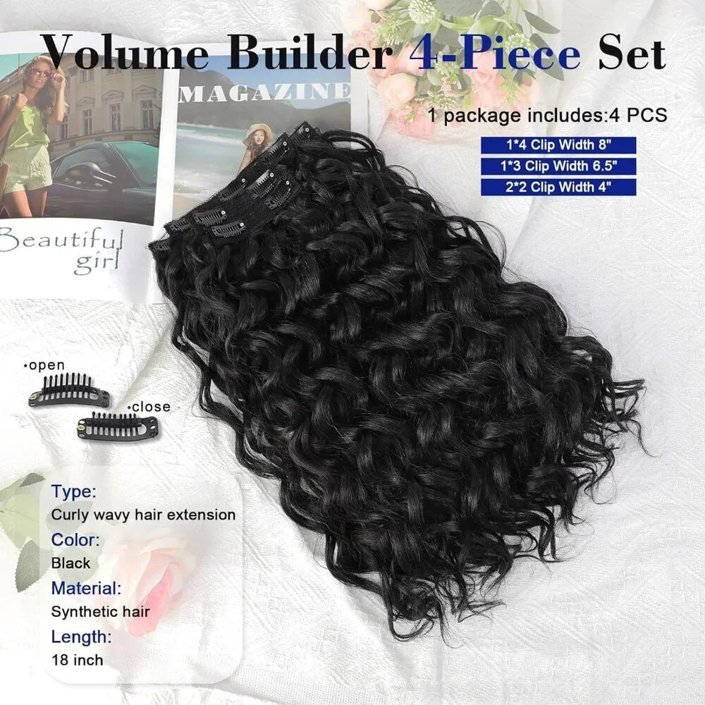 Curly Wavy Synthetic Clip in Hair Extensions 18 Inch 4PCS for Women